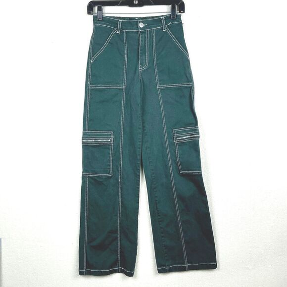 Rachel Paige Cargo Pants Womens Size XS Green Wide Leg Baggy Contrast Stitch Y2K - Picture 1 of 14